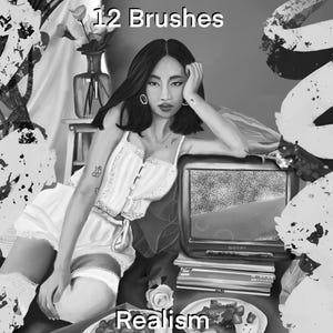 May include: A black and white photo of a woman sitting on a couch with a television in the background. The text "12 Brushes" and "Realism" are visible in the image.