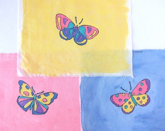 3 Hand Painted Sparkle Butterfly Blocks, Cotton Quilting Fabric, 9.25 x 10.75 Inches