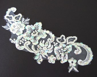 Vintage White Lace Appliques - with Iridescent Sequins and Pearls - Recycled