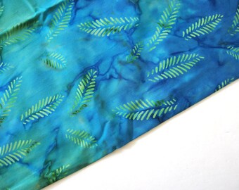 Blue and Green Batik with Green Leaflets, Cotton Quilting Fabric, Half Yard