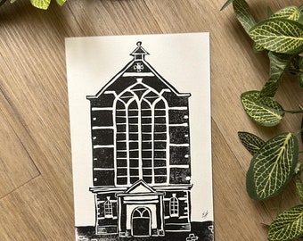 Walloon Church Hand Printed Linocut 4x6", Original Art Print
