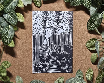 Nestled Among Tall Trees Hand Printed Linocut 4x6", Original Art Print