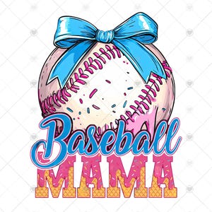Baseball Mama PNG, Pink Baseball with Blue Bow Sublimation Design, Glitter Text Sports Mom PNG for Shirt, Cute Game Day Graphic