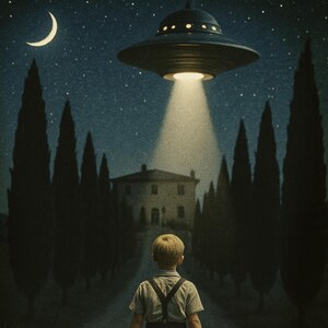 4 Vintage Postkarten – “Goodbye, Toskana -1” – UFO-inspiriertes digitales Set – druckbare Retrokunst