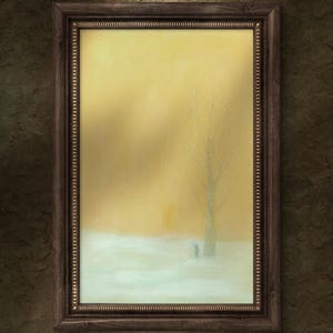 Estou Aqui — Pintura Acrílica Original sobre Tela | Arte Minimalista em Árvore e Figura | Paisagem Emocional com Céu Dourado 20×30 cm Decoração de Parede