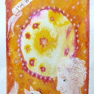 I'm With You — Small Original Cat Artwork, Ink and Acrylic Mixed Media Illustration on Watercolor Paper, Whimsical Emotional Animal Art, Gif