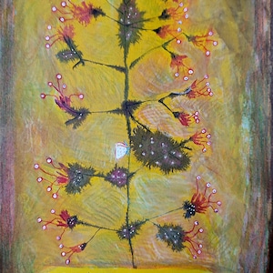 Obra de arte botânica surreal original A4 – Criatura floral desenhada à mão em mídia mista, desenho a tinta e lápis de cor, natureza emocional caprichosa