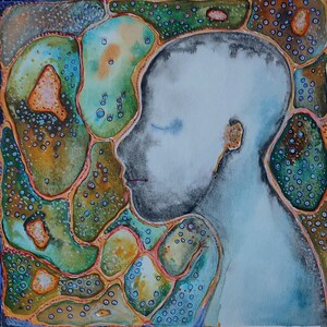 Someway Inside – Ritratto astratto ad acquerello • Arte del mondo interiore • Illustrazione con tecnica mista • Pittura emozionale • 22 x 22 cm