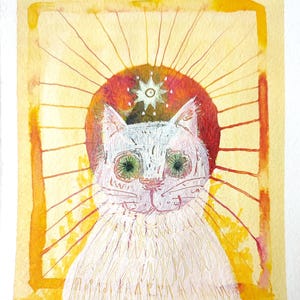 Mystical Cat Wall Art – Original Small Artwork 15x18 cm – Celestial White Cat with Nine-Pointed Star – Ink and Acrylic Painting on Watercolo