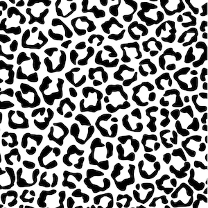 May include: A seamless pattern featuring black leopard spots on a white background. The spots vary in size and shape, creating a bold and eye-catching design. This pattern is suitable for various applications, including fabric, wallpaper, and digital designs.