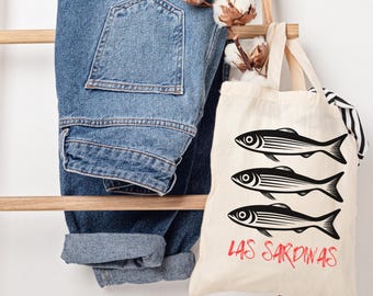 Sardines Tote Bag, Fisherman Aesthetic,  Spanish Tote Bag, Sardinas, Eco-Friendly Grocery Bag, Beach Bag, Daily Use, Cotton Canvas Tote Bag