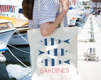 Sardines Cotton Canvas Tote Bag,  Fisherman Aesthetic. Eco-Friendly Shopping Tote, Beach Bag, Reusable Grocery Bag, Coastal Design