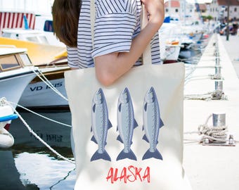 Alaska Inspired Tote Bag, Fisherman Aesthetic, Eco-Friendly Shopping Bag, Cotton Canvas Tote, Salmon Fish Design, Gift Nature Lovers,