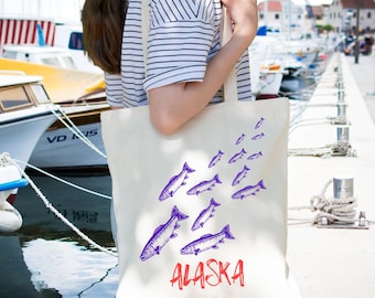 Alaska Fish Tote Bag,  Fisherman Aesthetic, Eco-Friendly Shopping Bag, Travel Tote, Beach Bag, Coastal Design, Outdoor Adventure