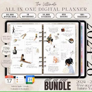 May include: A digital planner with a colorful design featuring illustrations of people, flowers, and other objects. The planner includes 50,000 hyperlinks, 10 notebooks, 10,000 stickers, 450 covers, and 100 trackers. The planner is available for the years 2024 and 2025, with free access to future years.