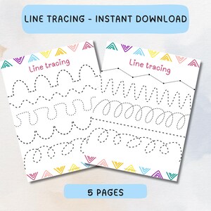 May include: Two black and white printable worksheets with the text "Line tracing" on each page. The worksheets feature dotted lines for children to trace with a pencil or crayon. The text "5 pages" is printed below the worksheets.