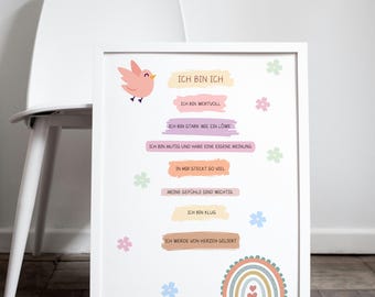 Deko Kinderzimmer| Geschenk Kinderzimme |   Mutmach Poster mit Affirmationen | Sprüche Poster and Geschenkidee für Kinder | Ich bin Ich