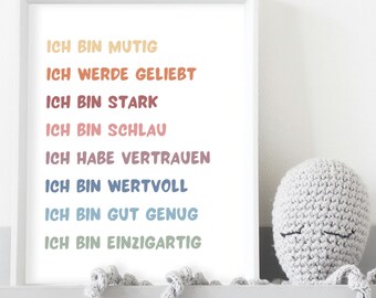 Deko Kinderzimmer| Geschenk Kinderzimme |   Mutmach Poster mit Affirmationen | Sprüche Poster and Geschenkidee für Kinder | Ich bin mutig