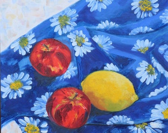 Still Life Oil, Original Painting Impressionism, Lemon Apples on Blue Original Oil on Canvas Board, Contemporary  Signed  Anna Mavrina