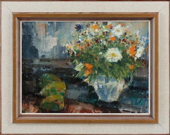 Vintage Swedish Painting, Framed Still Life with Pears and Flowers by Ragnar Falk, mid century European art, oil on canvas