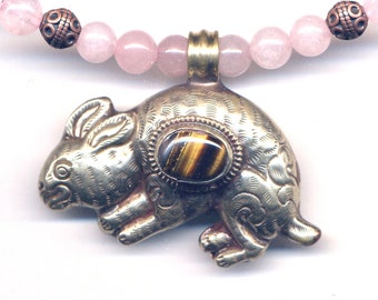 Vintage Statement Tibetan Rabbit Pendant Necklace, Unique Nepal Necklace, Huge Tibet Necklace, Rose Quartz Tiger Eye, Nepal Jewelry