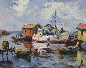 Nautical Original Oil on canvas, Vintage signed Marine view European 1900's art, Impressionism Framed Art Work