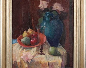 Large 1930's Finnish Painting Original Still Life with Flowers and Fruits by VÄINÖ Hervo (1894-1974)  oil on canvas dated 1933 Scandinavian