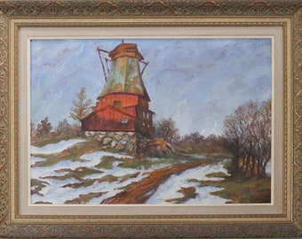 Vintage Swedish Painting, Landscape with Red Windmill by Lindblom oil on board painting, Windmill Landscape Scandinavian Art