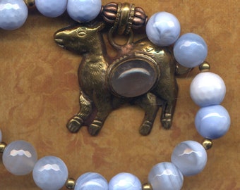 Vintage Statement Tibetan Deer Pendant Necklace, Unique Nepal Necklace, Huge Tibet Necklace, Rose Quartz Blue Agate, Nepal Jewelry