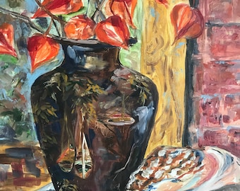 Still Life Oil, Original Painting Impressionism, Vase and Sea Shell, Floral Original Oil on Canvas Board, Contemporary  Signed  Anna Mavrina