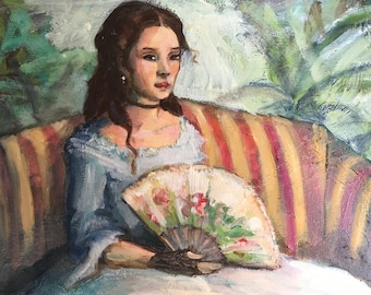 Nancy Wiley Painting, original oil on canvas, Contemporary Art, Girl with a Fan. Impressionistic painting, American artist painting