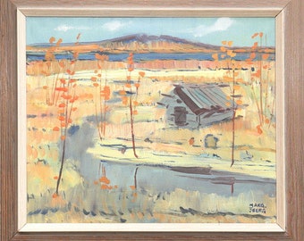 Vintage Swedish Painting, Landscape with Cabin and River View by MARGIT ÖBERG "Kalix Älv"  oil on canvas painting Landscape Scandinavian Art