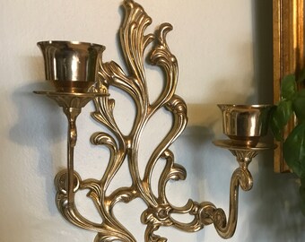 Vintage Gold Ornate Wall Sconce Candle Holder, Heavy Cast Metal Gold Plated Vintage Double Candle holder, Floral Heavy