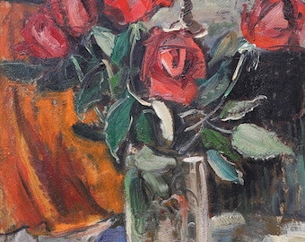 1950's Swedish Painting, Still Life with Roses and Candle by Anders Olson (1880 - 1955), oil on panel, dated 1950, Scandinavian Art