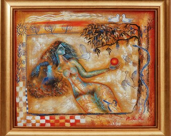 Large Vintage European Painting, Adam and Eve figurative artwork, Oil on canvas signed P Hunter Framed Biblical Theme Painting Chagall Style