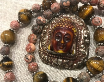 Vintage Statement Tibetan Buddha Pendant Necklace, Buddhist Unique Nepal Necklace, Huge Tibet Necklace, Jasper Tiger Eye, Nepal Jewelry