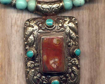 Huge Vintage Statement Tibetan Two Fish Two Bird Necklace, Unique Nepal Necklace, Tibet Necklace, Jasper Turquoise Howlite, Nepal Jewelry