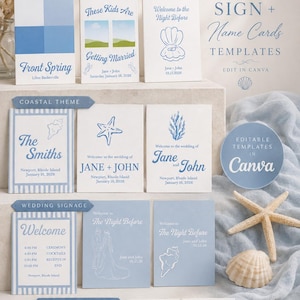 May include: A collection of wedding sign and name card templates featuring blue and white designs with coastal motifs like seashells and starfish. The text includes 30+ Wedding Sign + Name Cards Templates, Edit in Canva, and various wedding details.