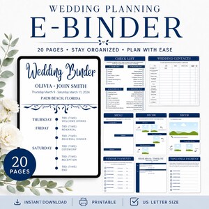 Pode incluir: Um e-binder digital de planejamento de casamento com 20 páginas, em tons de azul escuro e branco. O layout inclui uma capa para Olivia e John Smith, além de vários modelos para listas de verificação, pagamentos e cronogramas.