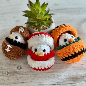 May include: Three handmade crochet figures: a football, a Santa hat, and a pumpkin, each containing a white bird with black eyes and a yellow beak. The figures are brown, red, orange, and white, with black accents. A small succulent plant sits in the background.