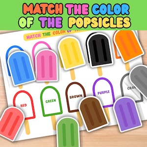 Può includere: Un colorato gioco educativo con forme di ghiaccioli in vari colori, tra cui rosso, verde, marrone e viola. Il testo "MATCH THE COLOR OF THE POPSICLES" è visualizzato in alto, con i colori individuali sotto.