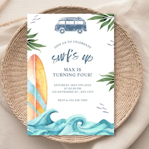 Invitación de cumpleaños digital editable con tema de surfista de la playa del océano Surf's Up
