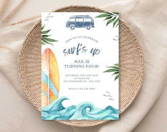May include: A watercolor-style invitation with a surfing theme. The design features a blue van, surfboard, and ocean waves. Text reads "Surf's Up" and announces a birthday party for Max, turning four, on May 5th, 2025.