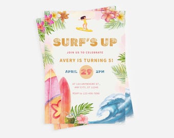 May include: Watercolor-style invitation with a surfing theme. The design features the text "SURF'S UP" in gold, a surfer, surfboards, tropical flowers, and a wave. The invitation is for a 5th birthday party.