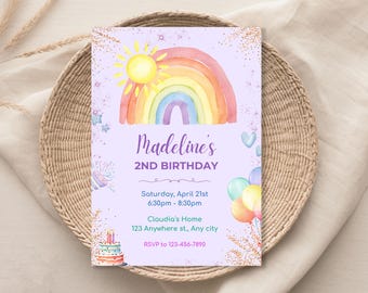 May include: Purple invitation with a rainbow, sun, and stars. The text reads "Madeline's 2nd Birthday" with details for the party, including the date, time, location, and RSVP information.