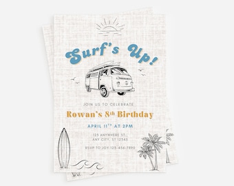 May include: Two light-coloured invitations with a surf theme. The text "Surf's Up!" is in blue, with a vintage van carrying surfboards. The invitation includes details for Rowan's 8th birthday, with a surfboard and palm trees.