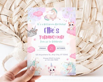 May include: A birthday invitation with a Kittycorn theme. The invitation features illustrations of unicorns and cats, with the text "Ellie's Turning Four!" in pink and purple. The date is Friday, October 21st.