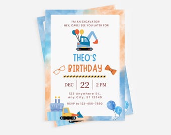 Excavator Construction Vehicle Theme Editable Kid's (Digital Download) Birthday Invitation