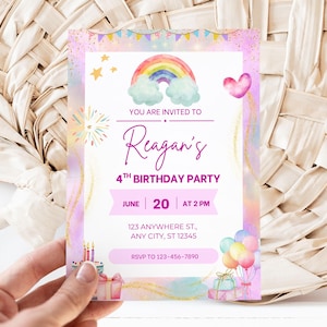 Rainbow Sparkles Purple Watercolor Theme Editable Girl&#39;s Digital Birthday Invitation