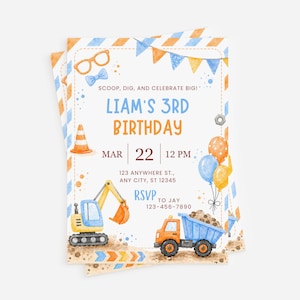 Könnte beinhalten: Aquarell-Geburtstagseinladung mit Baustellen-Thema. Mit Bagger, Muldenkipper, Luftballons und dem Text "LIAM'S 3RD BIRTHDAY." Enthält Datum, Uhrzeit und RSVP-Informationen.
